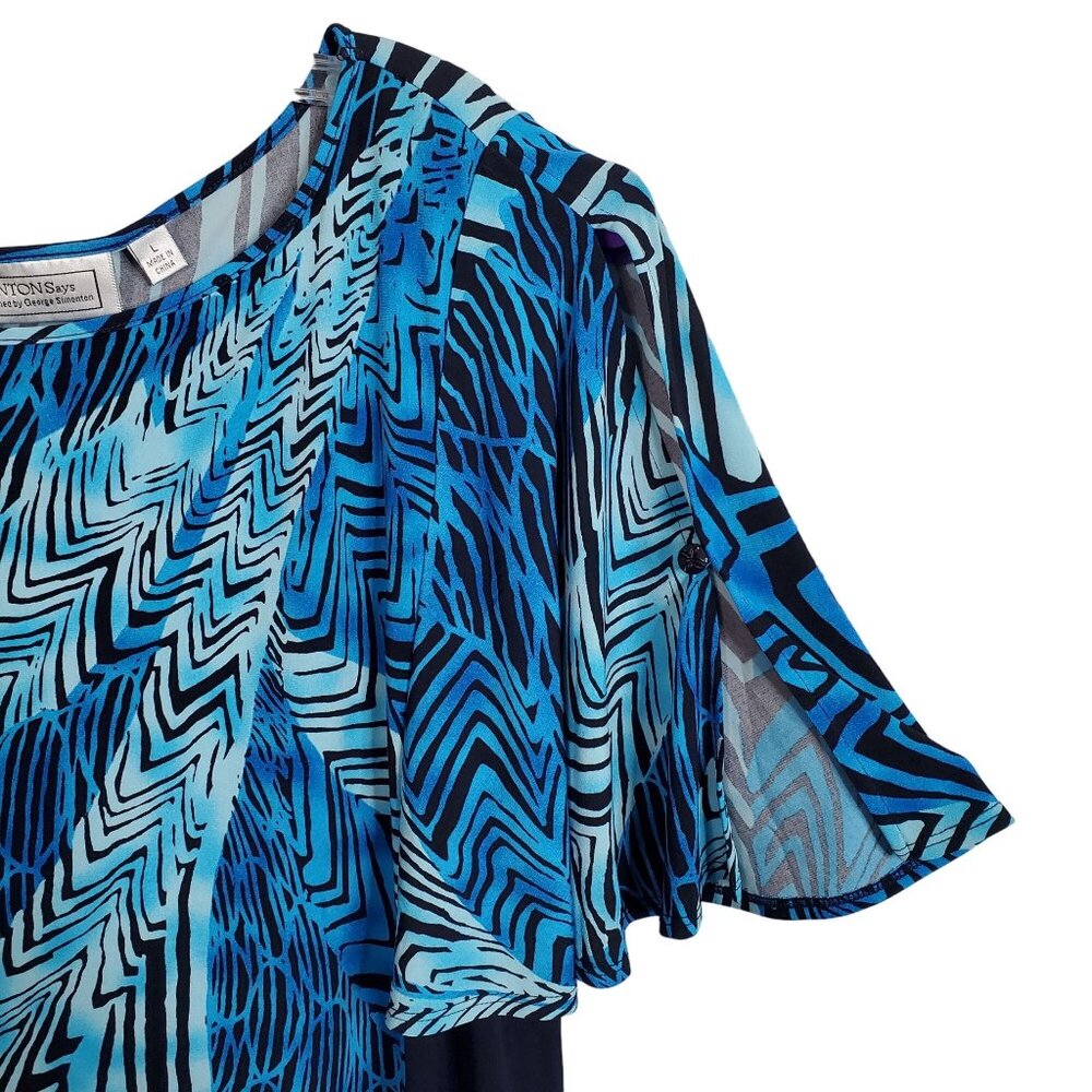 Simonton Says Size L Dress Cold Shoulder Split Sleeve Fluid Knit Wacky Print - Picture 10 of 11